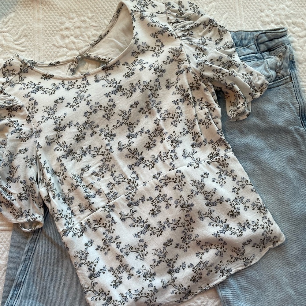Abercrombie Blue Willow Toile Open Back Short Sleeve Top